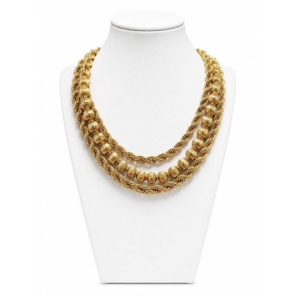 Jewelry - Vintage 1970s Gold Tone Multi Strand Beaded Statement Necklace Ribbed Beads